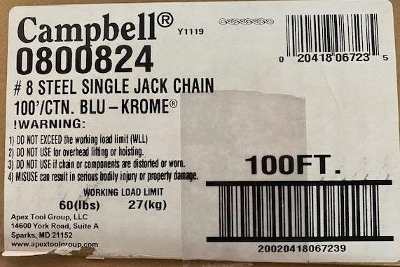 Campbell 0800824 Weldless Single Jack Chain #8 Trade 100ft.