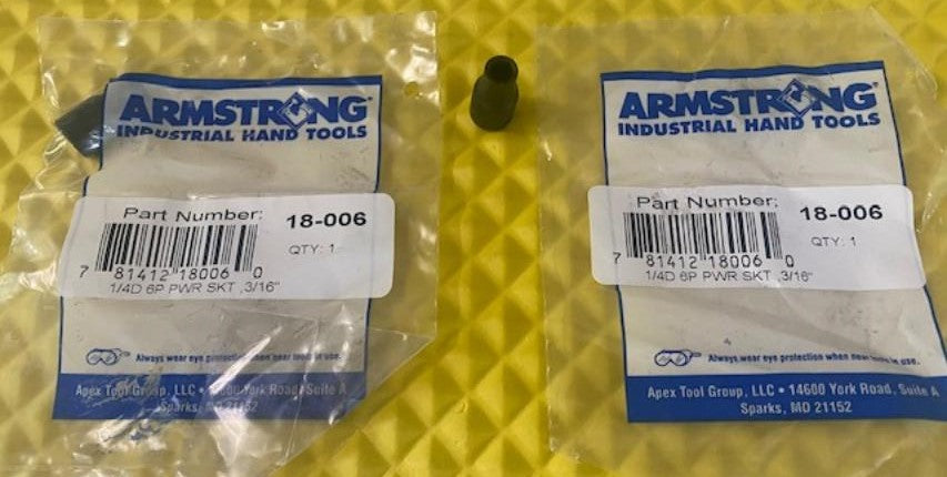 Armstrong 18-006 1/4" Drive 3/16" Impact Socket 6 Point 2pcs USA
