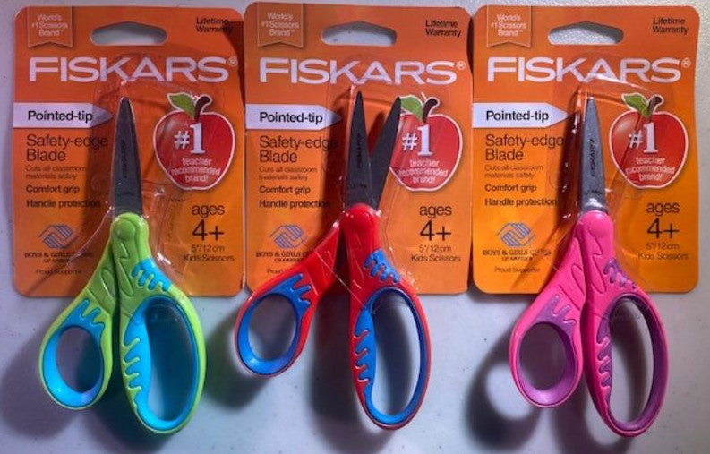 Fiskars Kids 5in Pointed Tip Safety Edge Scissors 3 Pair Asst. Colors 194230