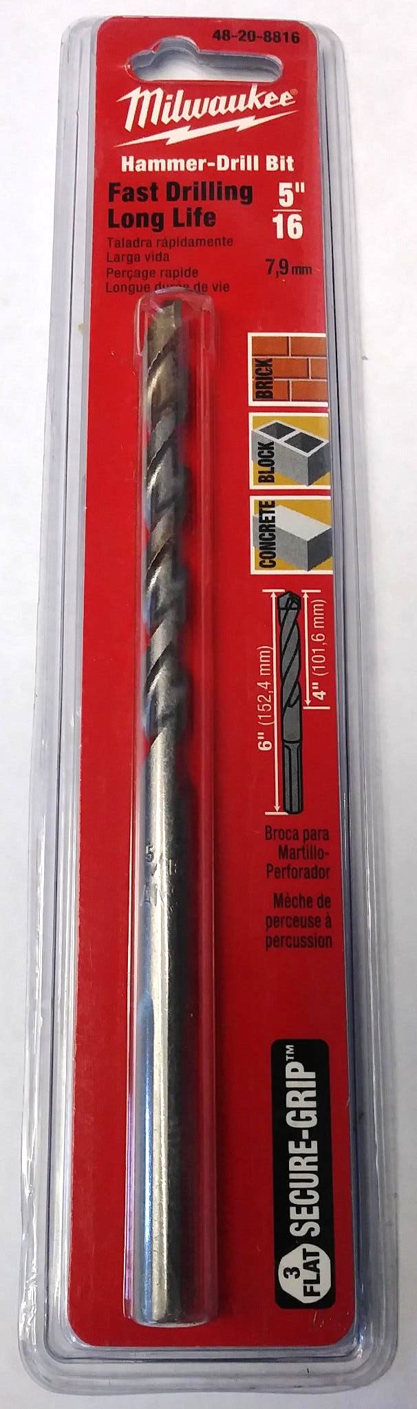 Milwaukee 48-20-8816 5/16" x 4" x 6" 3 Flat Secure Grip Hammer Drill Bit