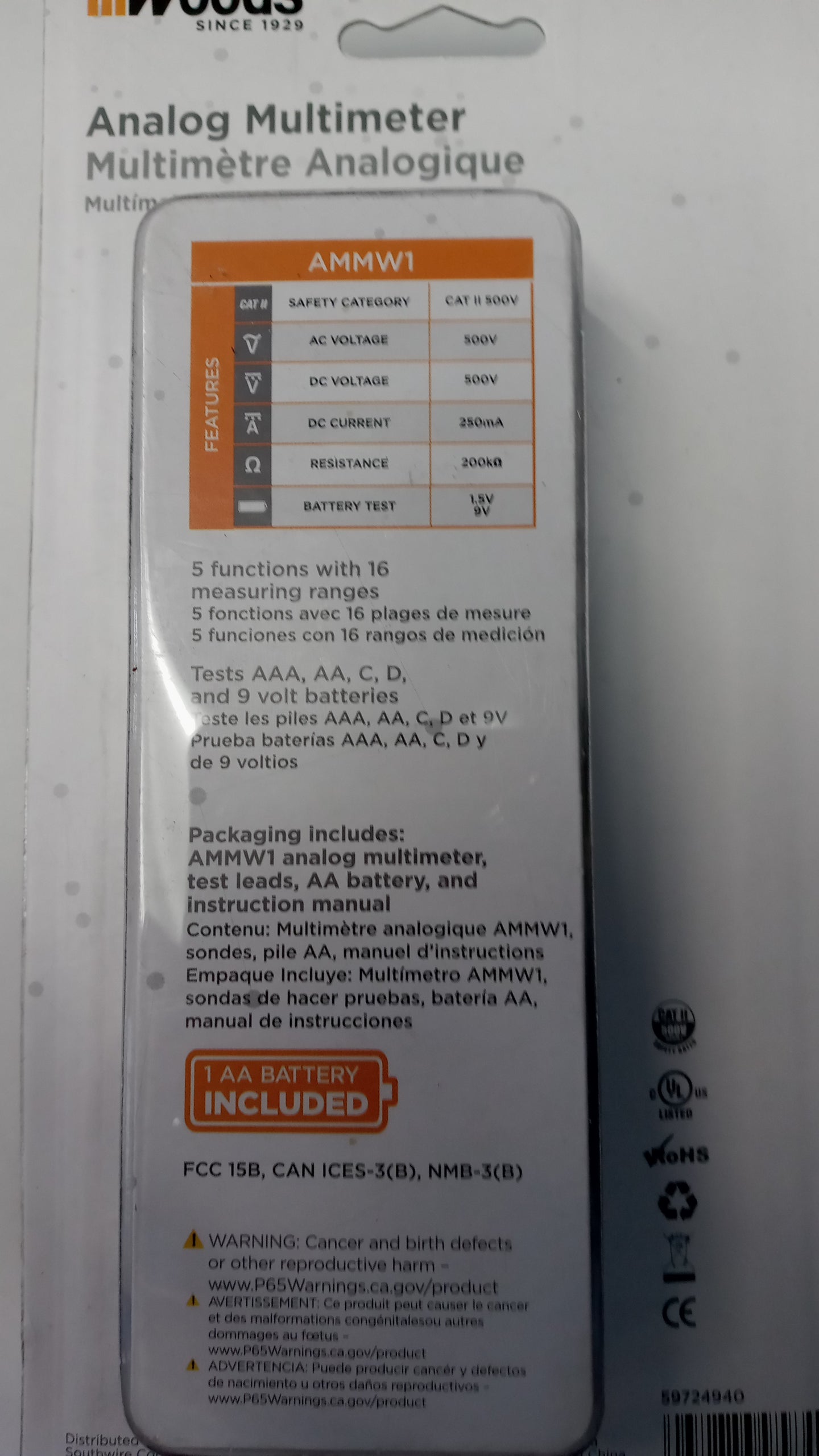 Woods AMMW1 Analog 500-Volt Multimeter Tests 1.5-Volt 9-Volt Batteries