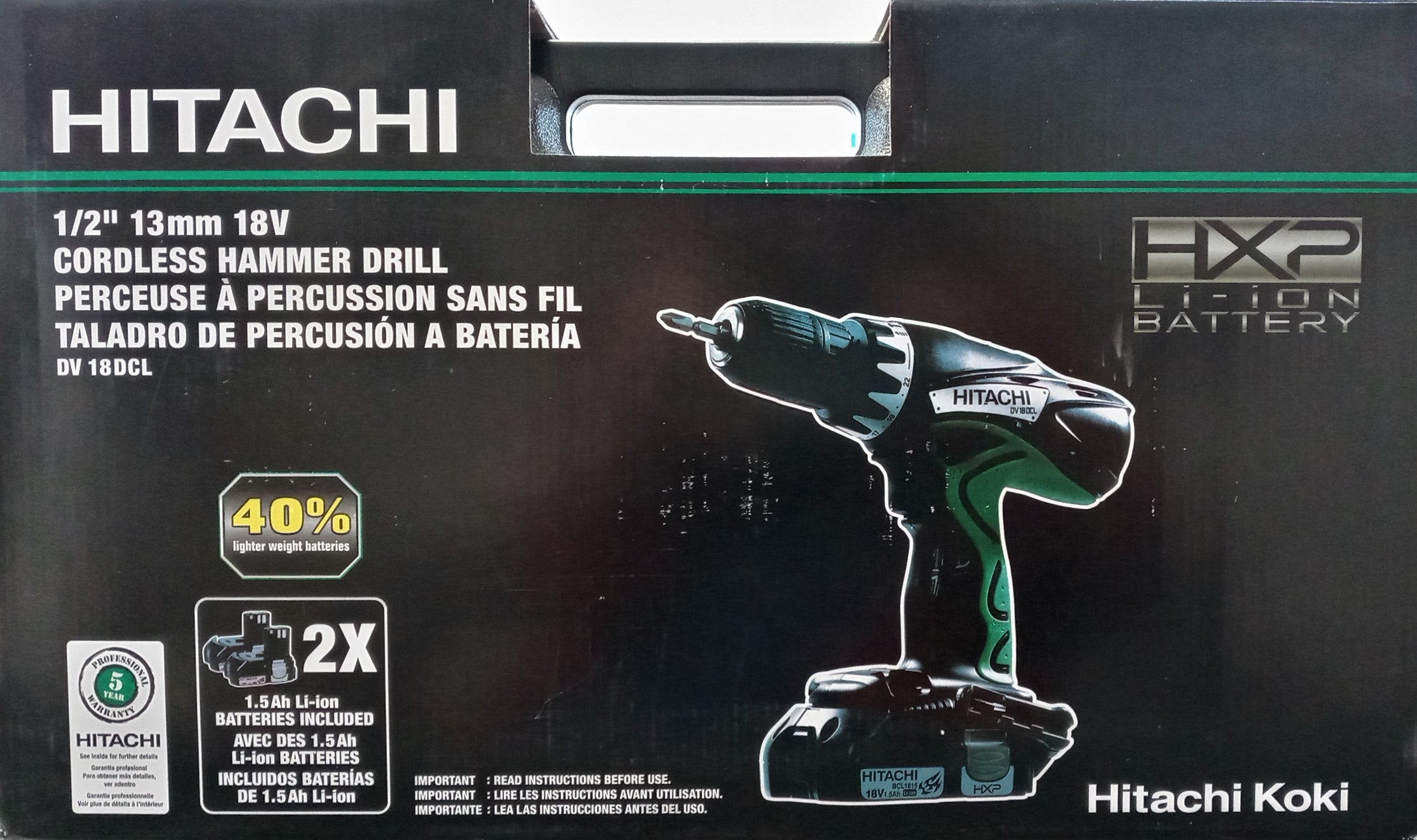 18V Lithium-ion 2 Speed Hammer Drill with 2 x 1.5Ah Batteries and