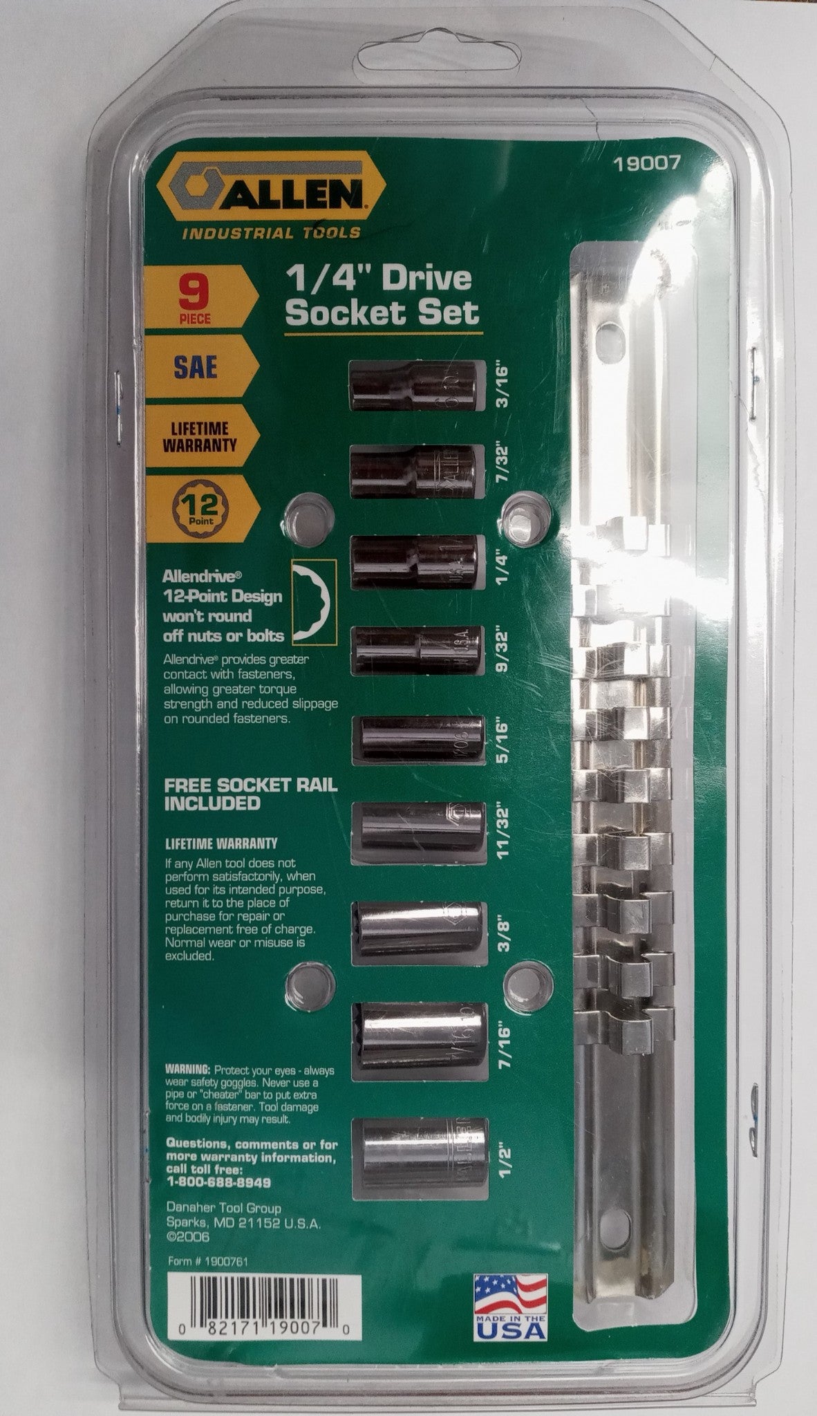 Allen 19007 9pc 12-Point SAE 1/4" Drive Socket Set 3/16"-1/2" USA