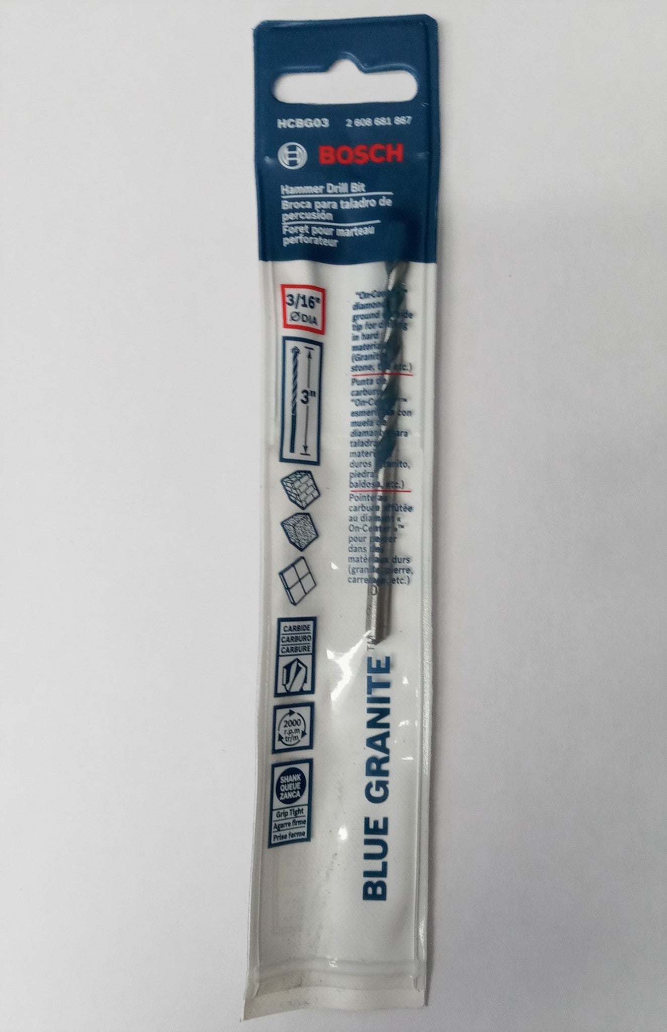 Bosch Blue Granite 3/16" x 3" Carbide Tip Hammer Drill Bit HCBG03