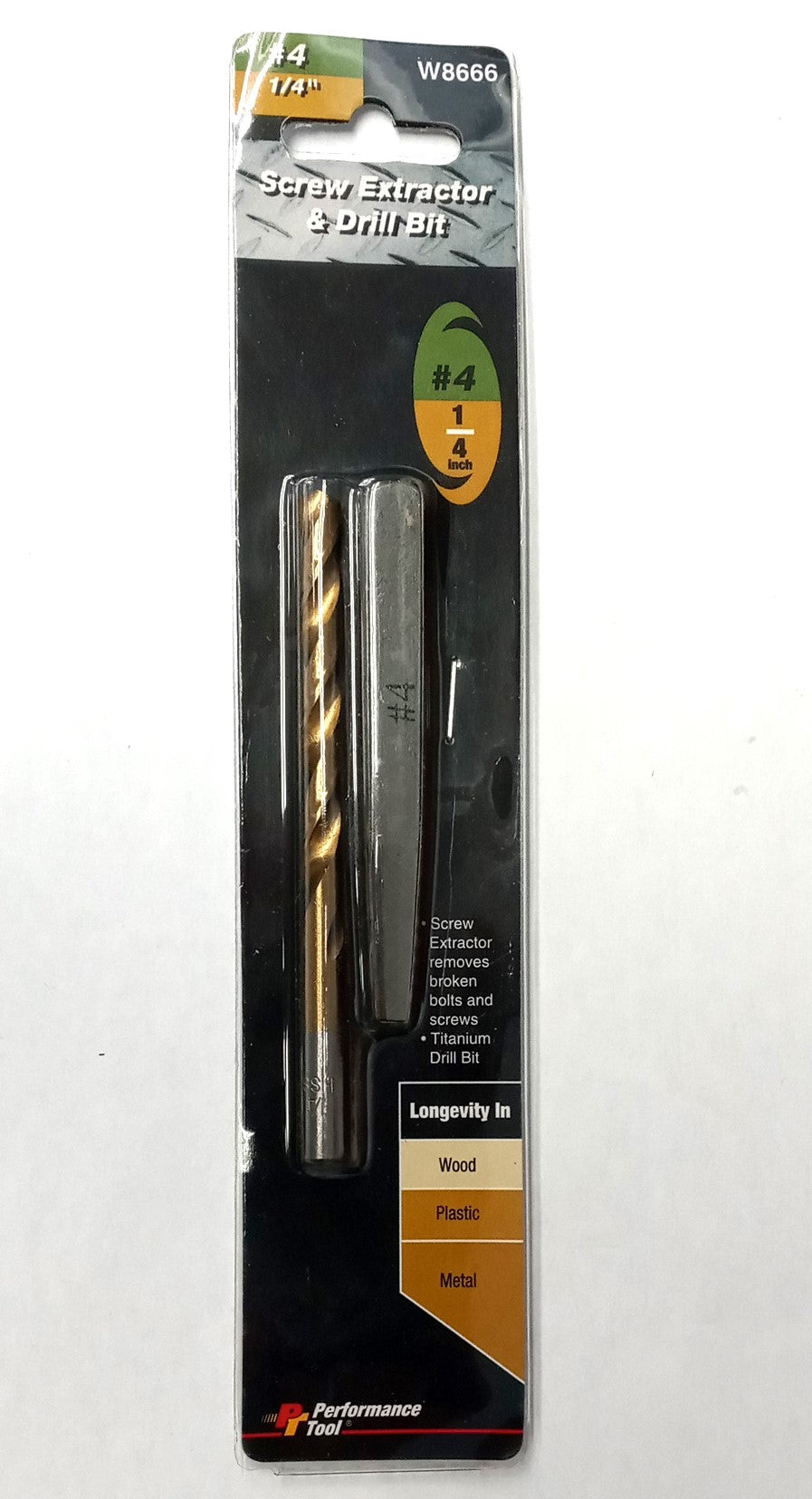 Performance Tool W8666 Screw Extractor #4 w Drill Bit 1/4 Removes Bolt & Screws