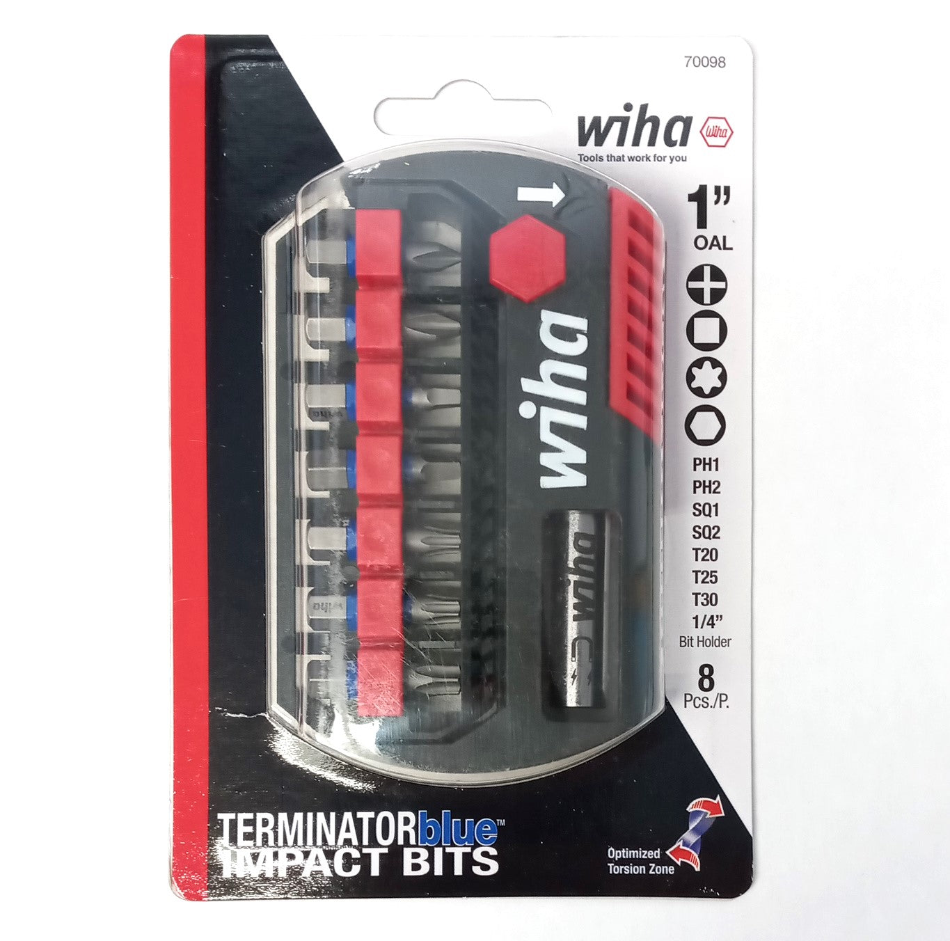 Wiha 70098 8-Piece Terminator Blue Impact Screw Bit Set With Magnetic Bit Holder