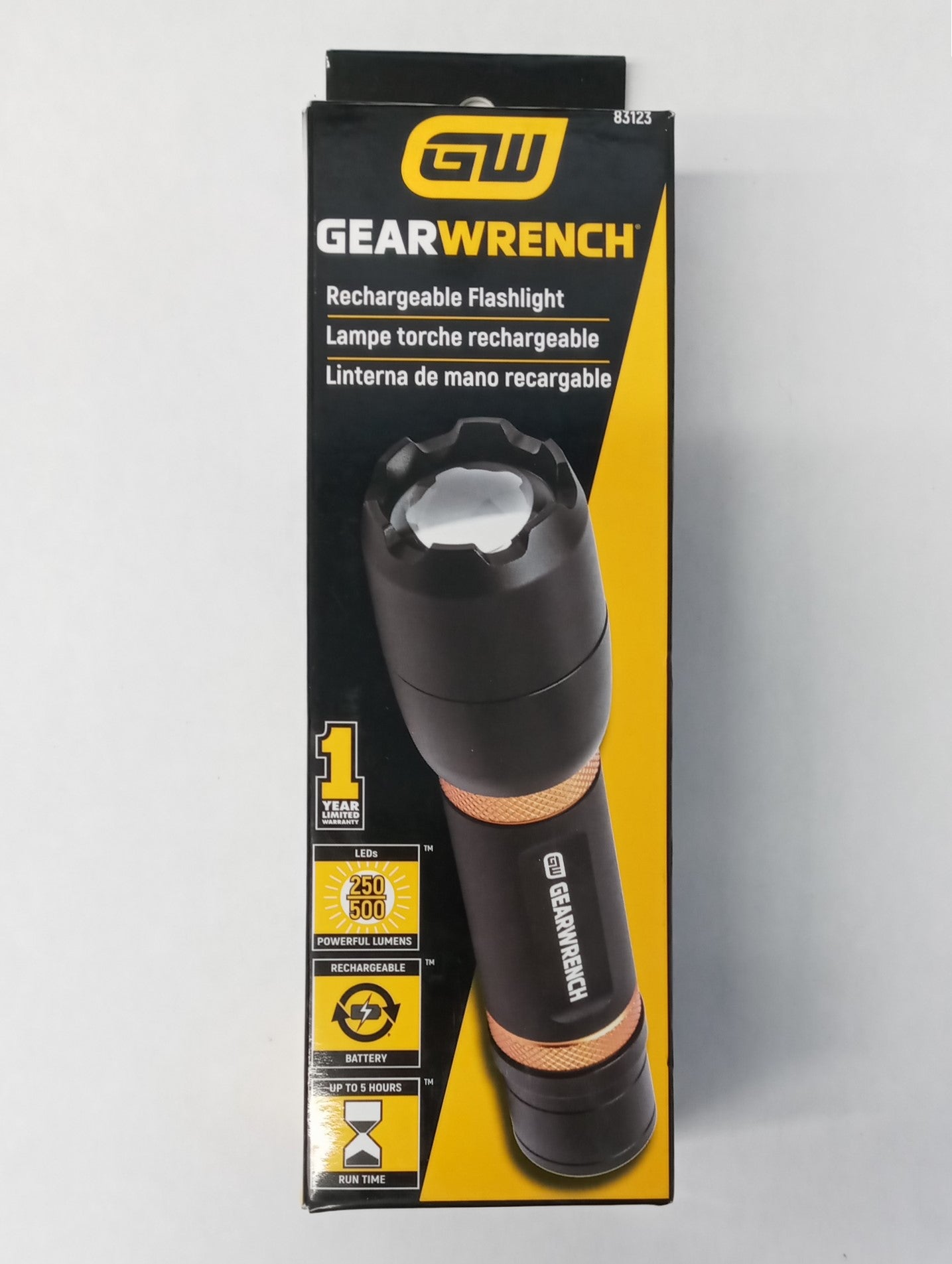 GearWrench Solid Aluminum Rechargeable Flashlight Cob LED 250 & 500 Lumen 83123