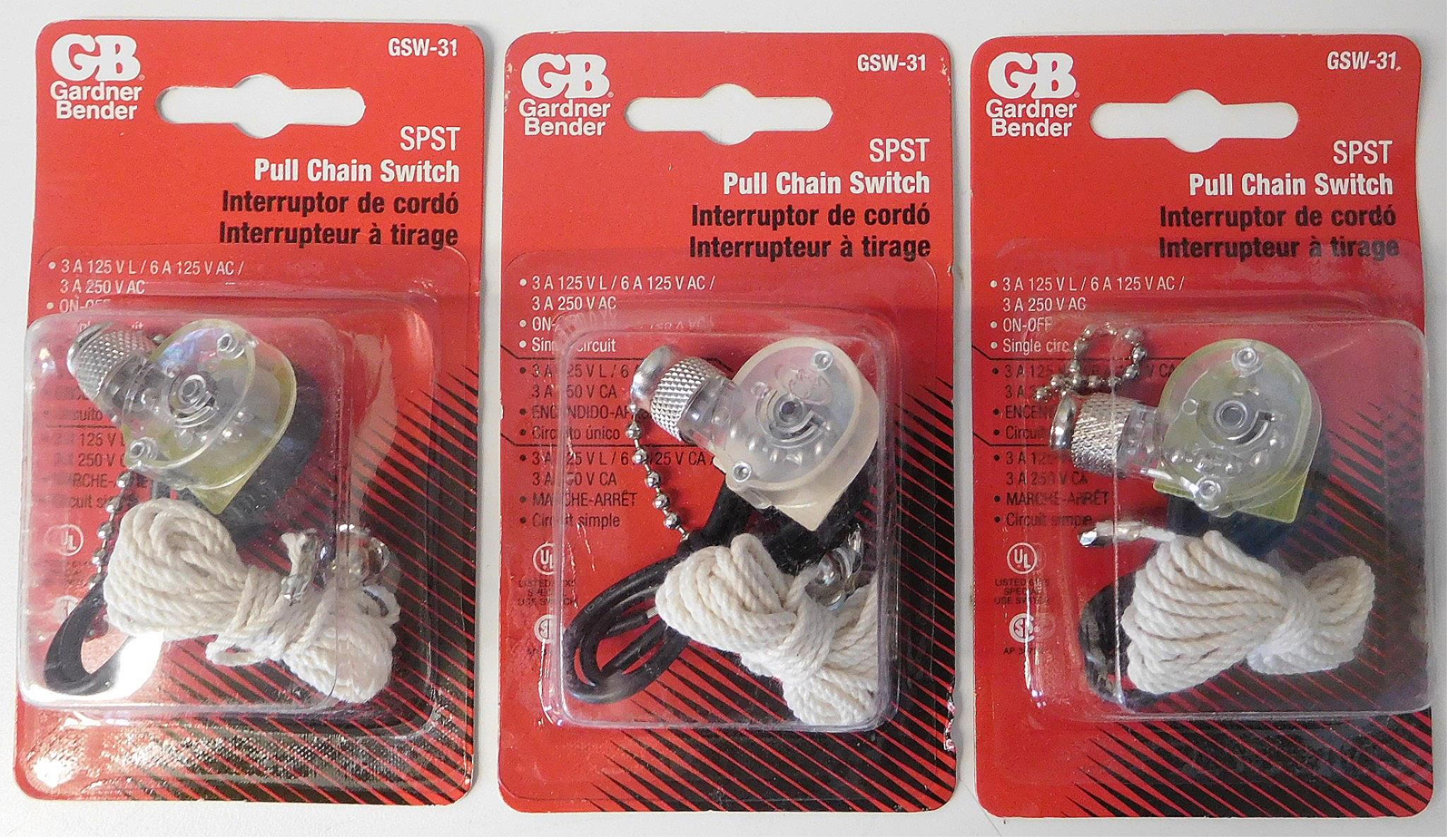 Gardner Bender GSW-31 SPST On / Off Nickel Pull Chain Switch (3 Packs)