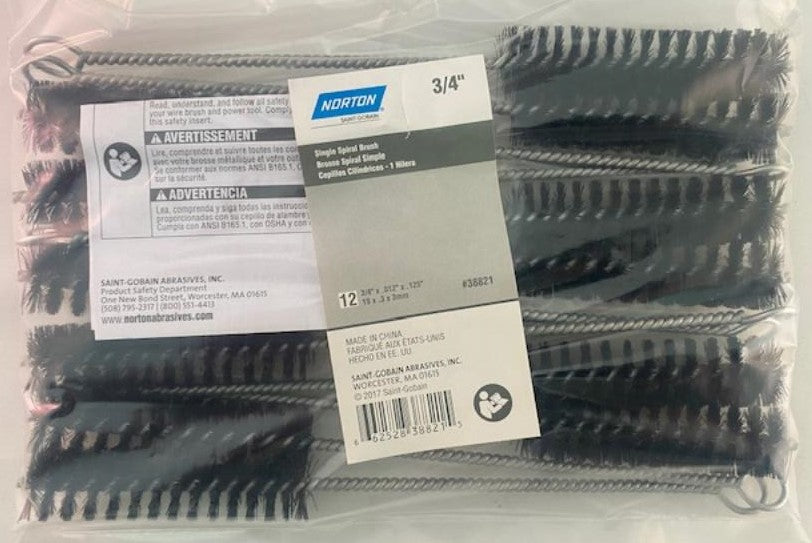 Norton 38821 Nylon Single Spiral Tube Brush 3/4" x .012" x .125" 12pcs.