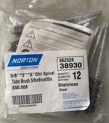 Norton 38930 5/8" Double Spiral Tube Brush Stainless Steel 12pcs.