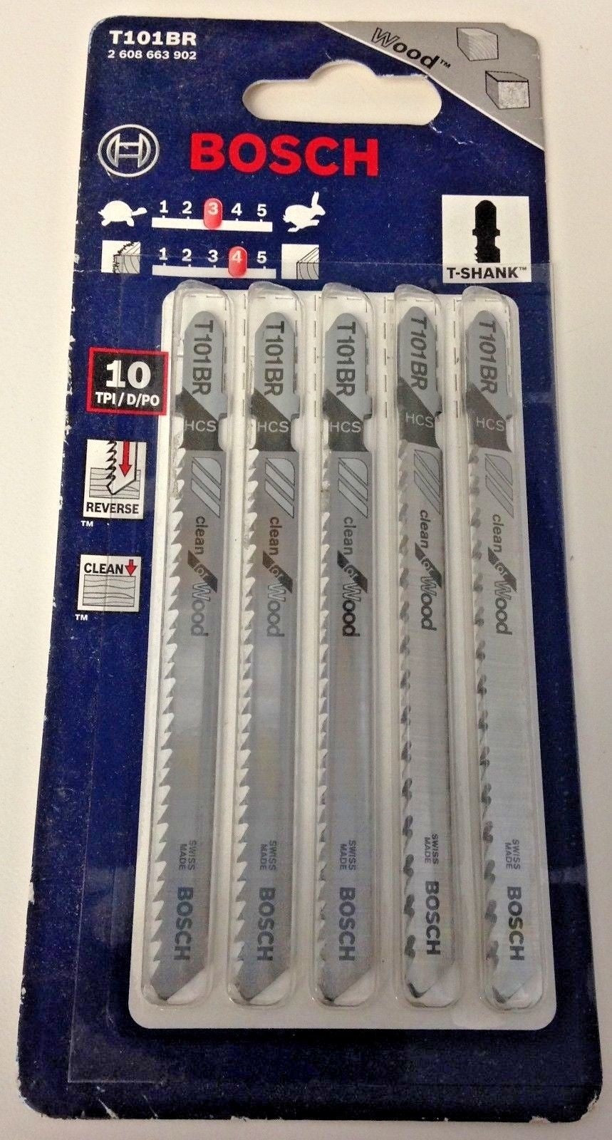 Bosch T101BR 4" x 10 TPI (5) Reverse Pitch Clean for Wood T-Shank Jig Saw Blades #88