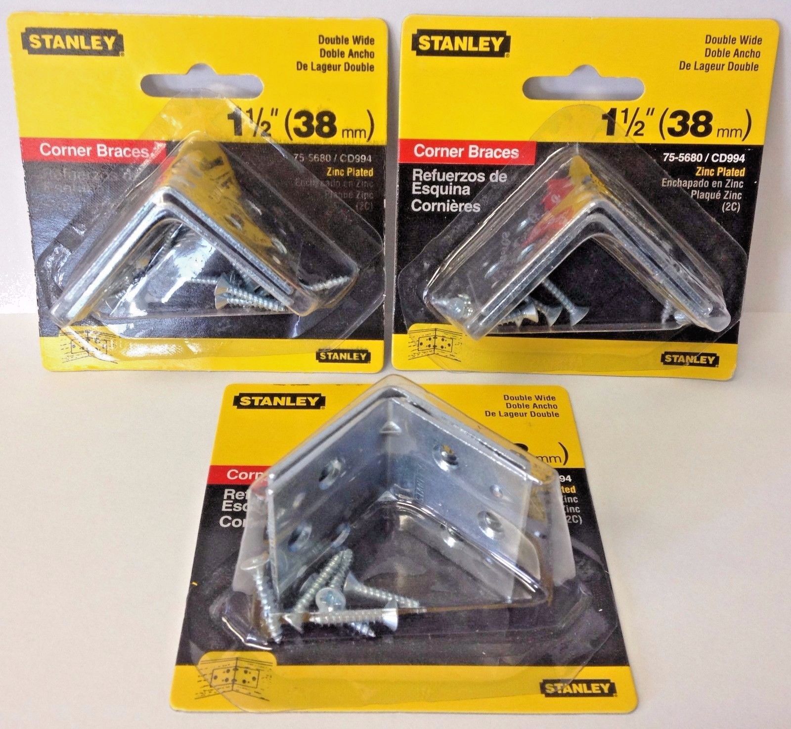 Stanley 75-5680 Double Wide 1-1/2" x 1-1/2" Zinc Plated Corner Braces 3PKS