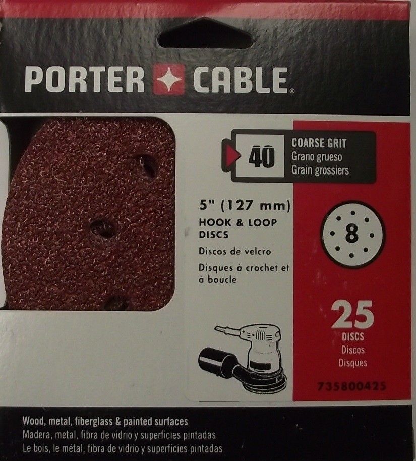 PORTER-CABLE 735800425 5" Hook & Loop Aluminum Oxide 8 Hole 40G Sanding Disc 25p