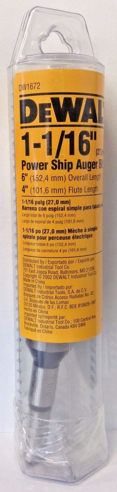 Dewalt DW1672 1-1/16" x 6" Power Ship Auger Bit