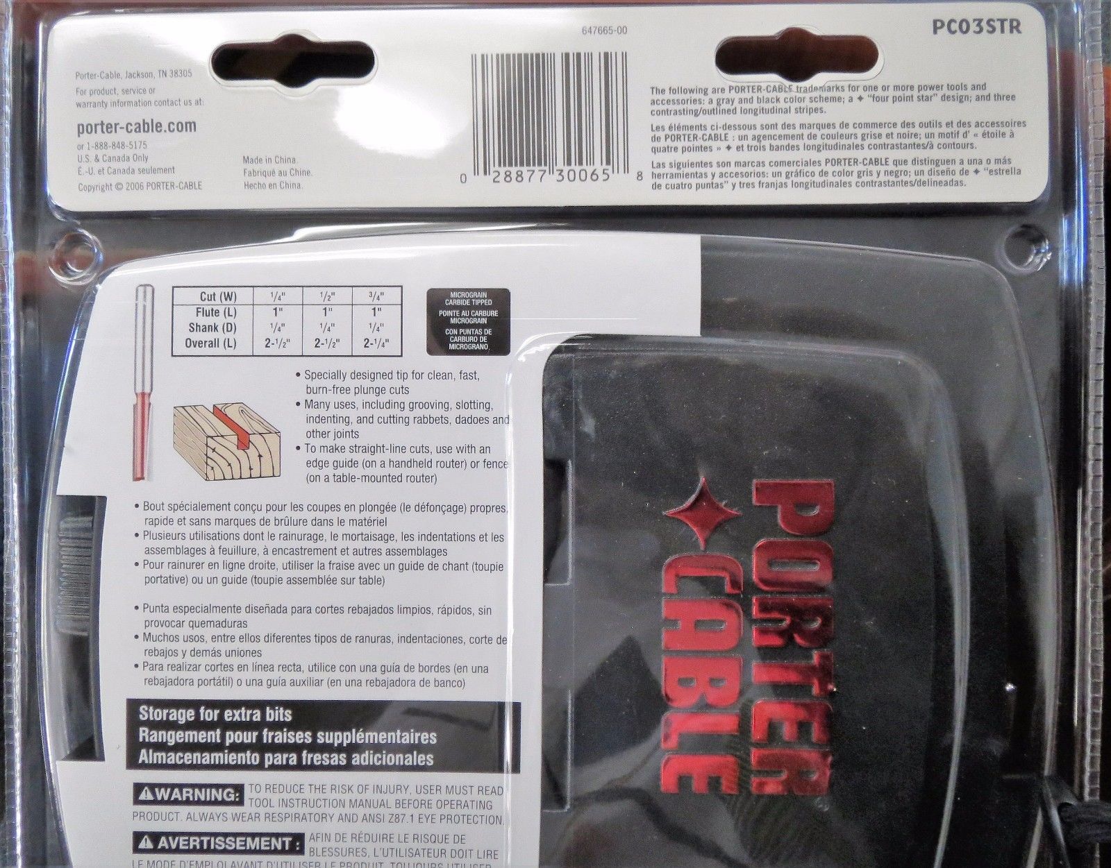 Porter Cable PC03STR 3 Piece Straight Router Bit Set & Case 1/4-Inch Shank