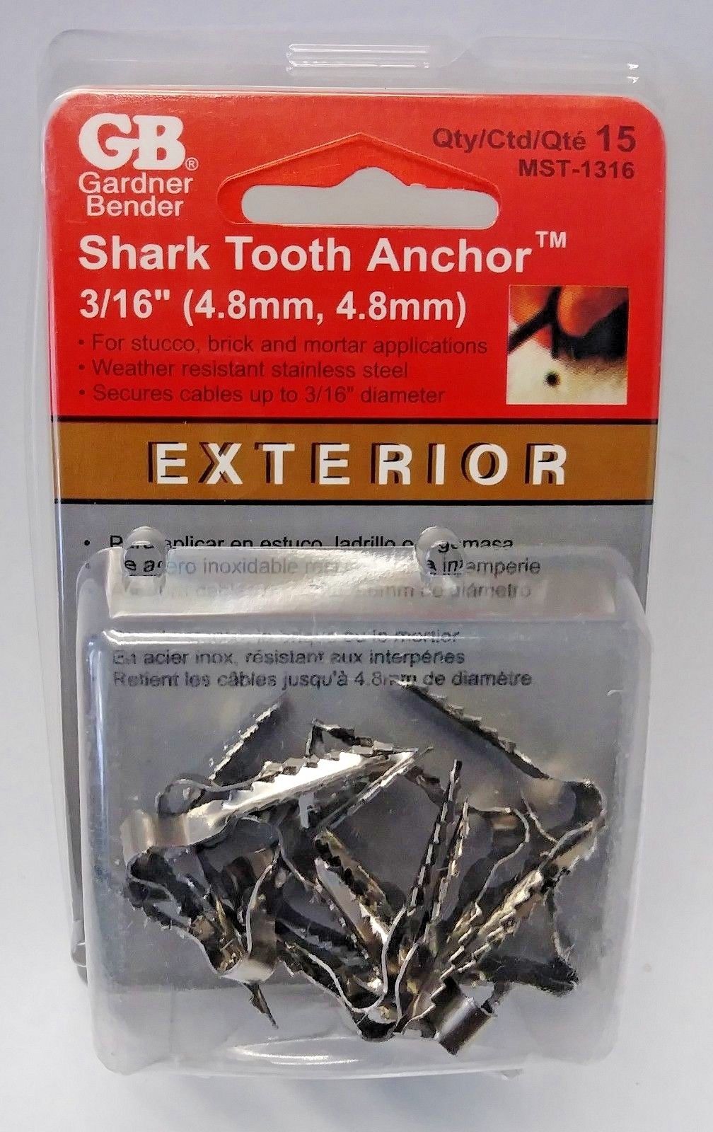 Gardner Bender MST-1316 3/16" Shark Tooth Anchor 15 Count USA