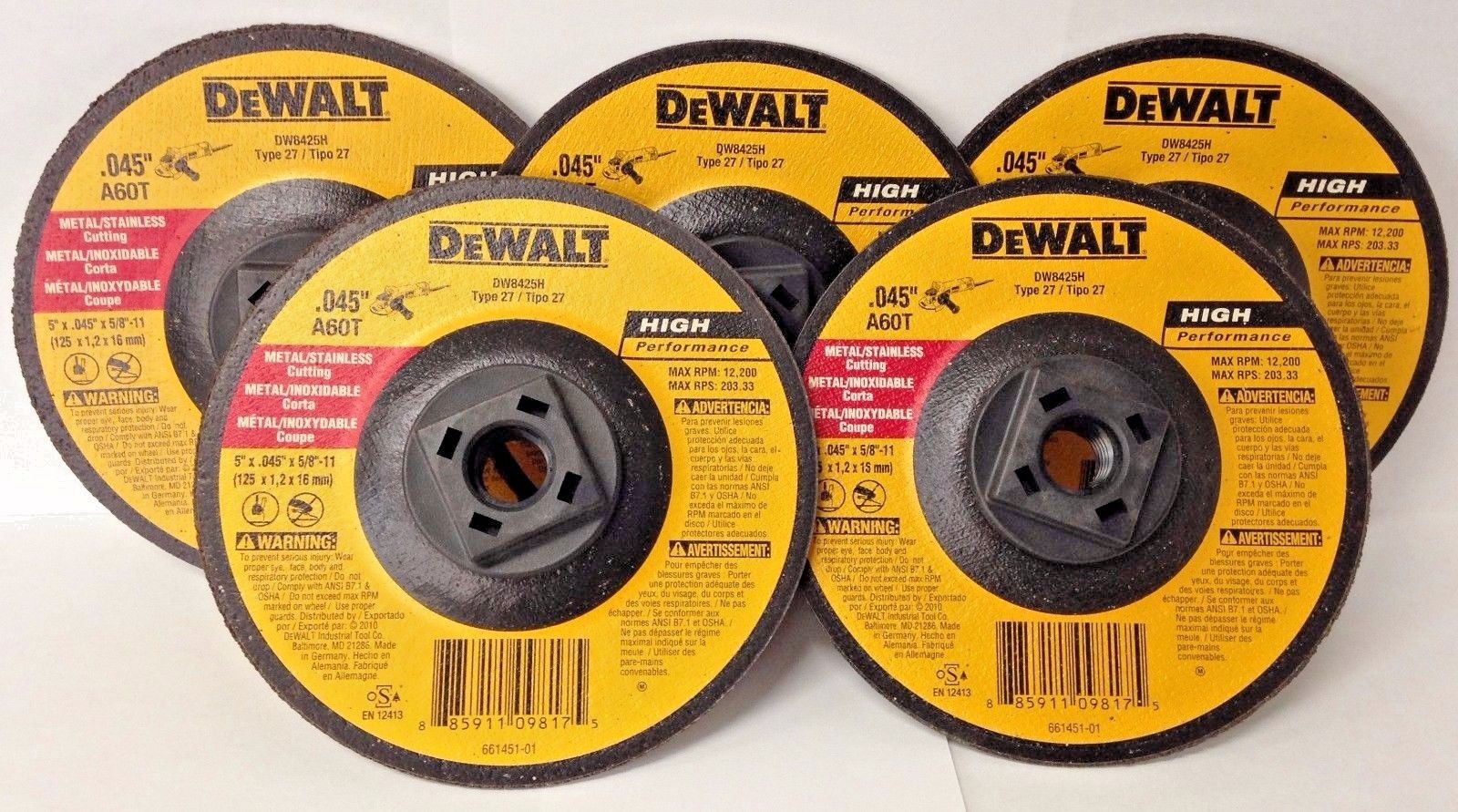 DeWalt High Performance 5" x .045" x 5/8"-11 Metal Cutting Wheels DW8425H