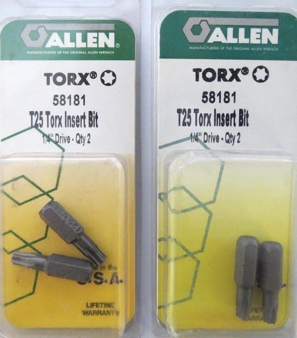 Allen 58181 2 PK T25 Torx Insert Bits 1/4" Drive 2 Packs USA