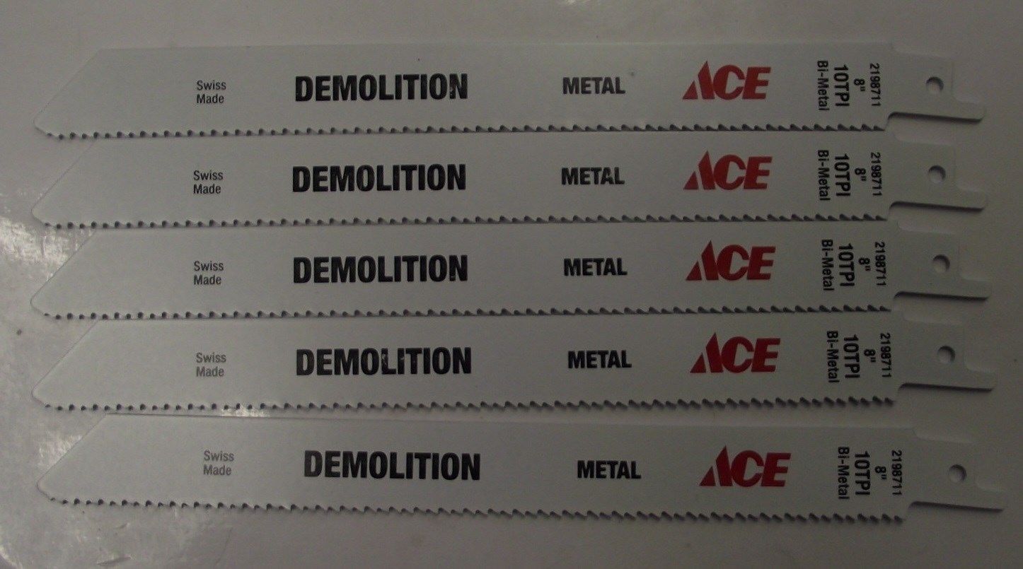 ACE 2198711 8" x 10TPI Bi-Metal Demo Cutting Recip Saw Blade 5pc Swiss