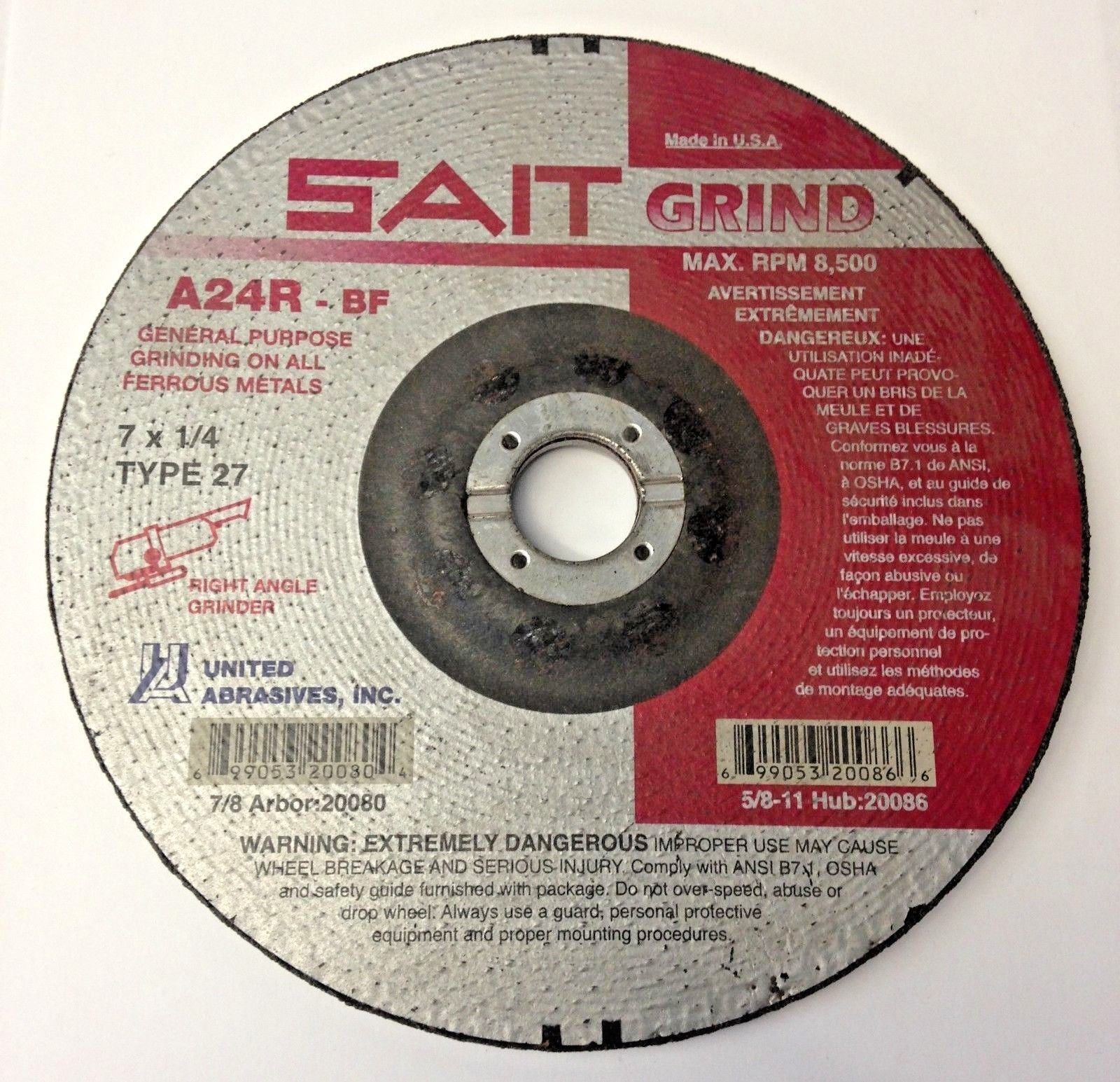 Sait 20080 7" x 1/4" x 7/8" A24R T27 General Purpose Grinding Wheel USA