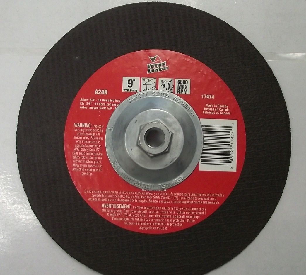 Vermont American 17474 1/8 x 9" Metal Grinding Wheel 5/8-11 Arbor 10pcs