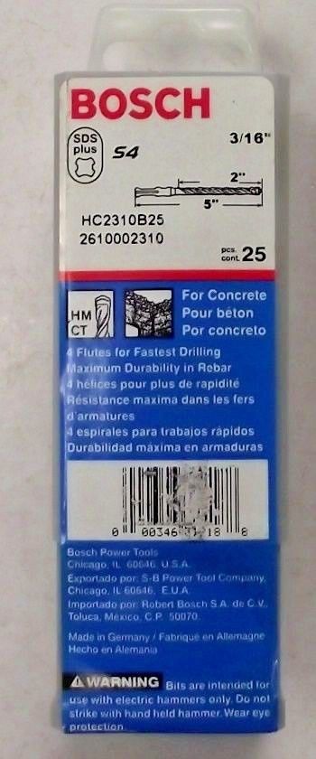 Bosch HC2310B25 3/16" x 2" x 5" Tapcon Hex SDS Plus Shank Bits 25 Pack