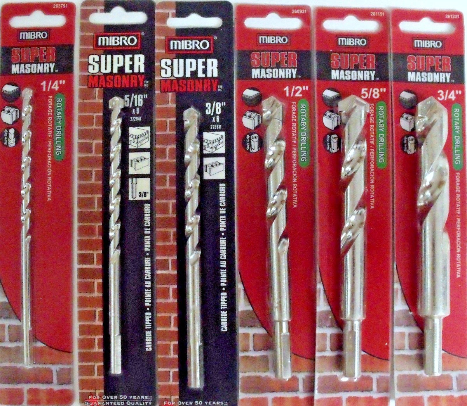 Mibro 6 Piece Super Masonry Drill Bits 1/4" to 3/4" x 6"