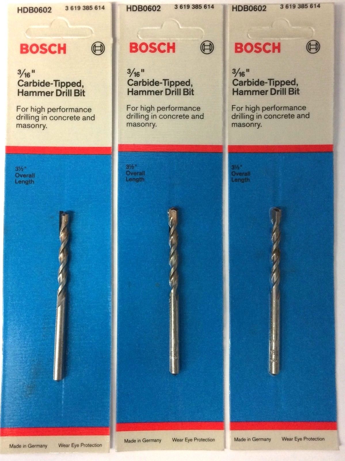BOSCH HDB0602 3/16" x 2" x 3-1/2" Carbide Hammer Drill Bit Germany 3PCS
