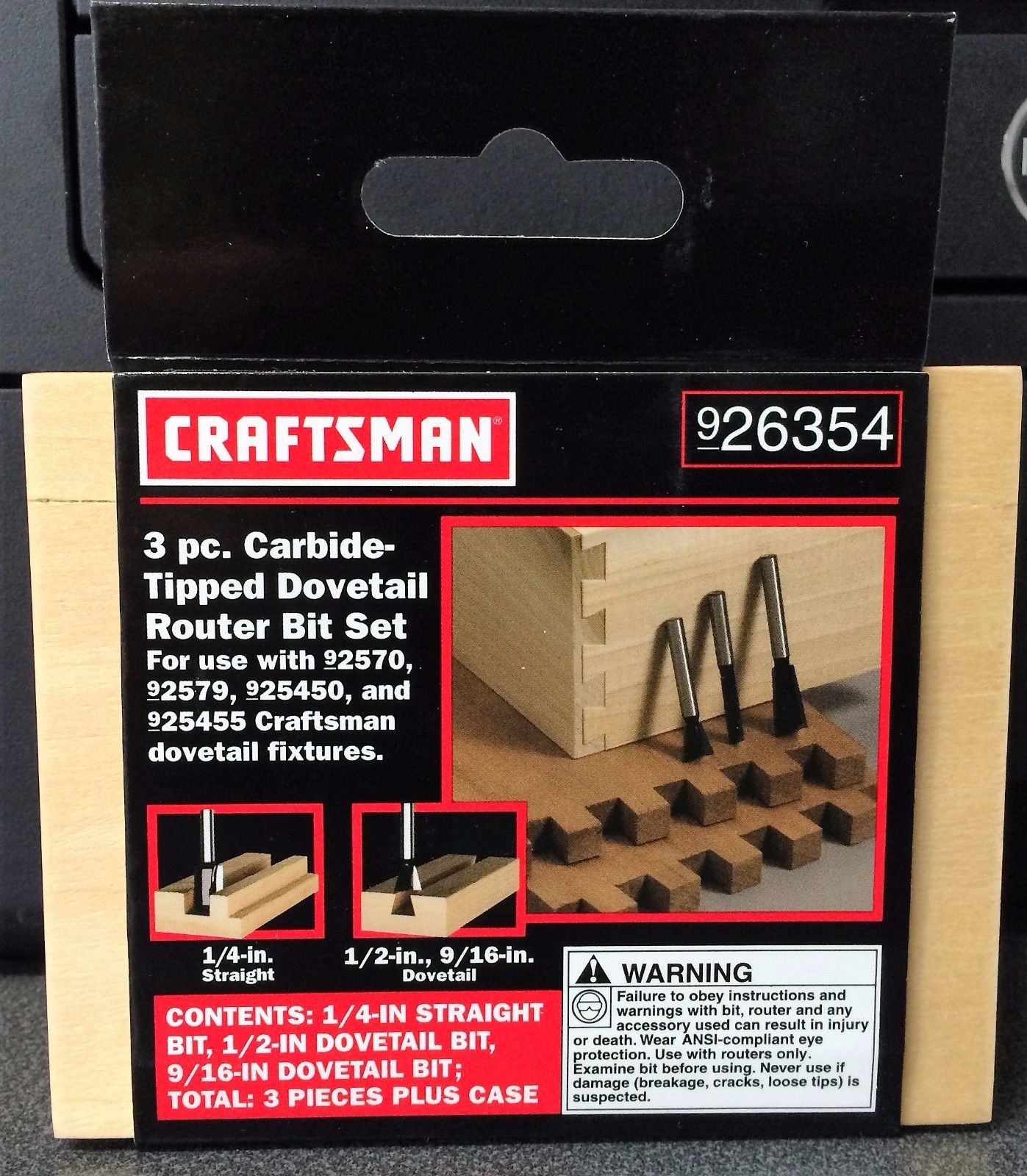 Craftsman 26354 3 Piece Carbide Tipped Dovetail Router Bit Set 1/4" Shank