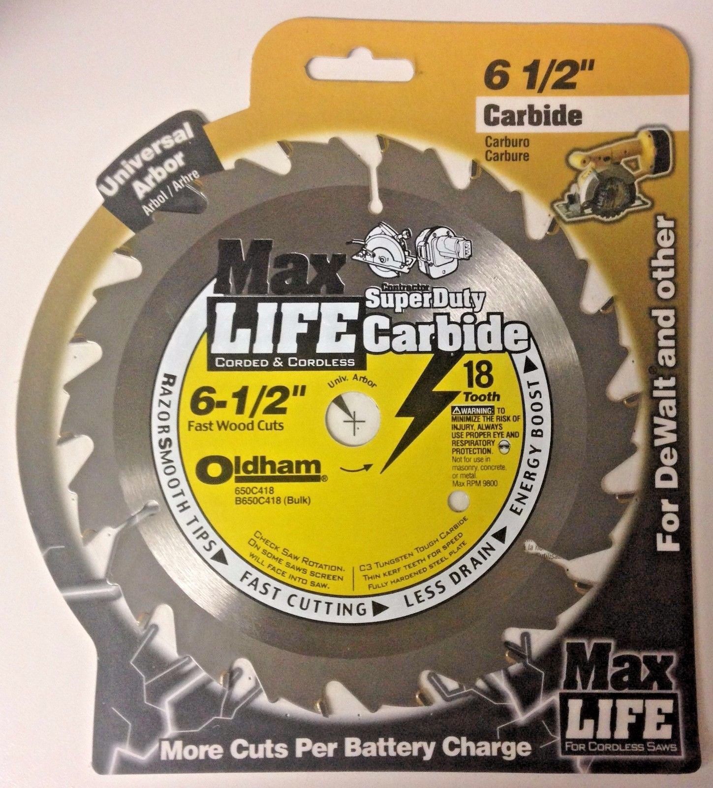 Oldham 650C418 6-1/2" x 18 Tooth Super Duty Carbide Saw Blade Univ. Arbor Carded