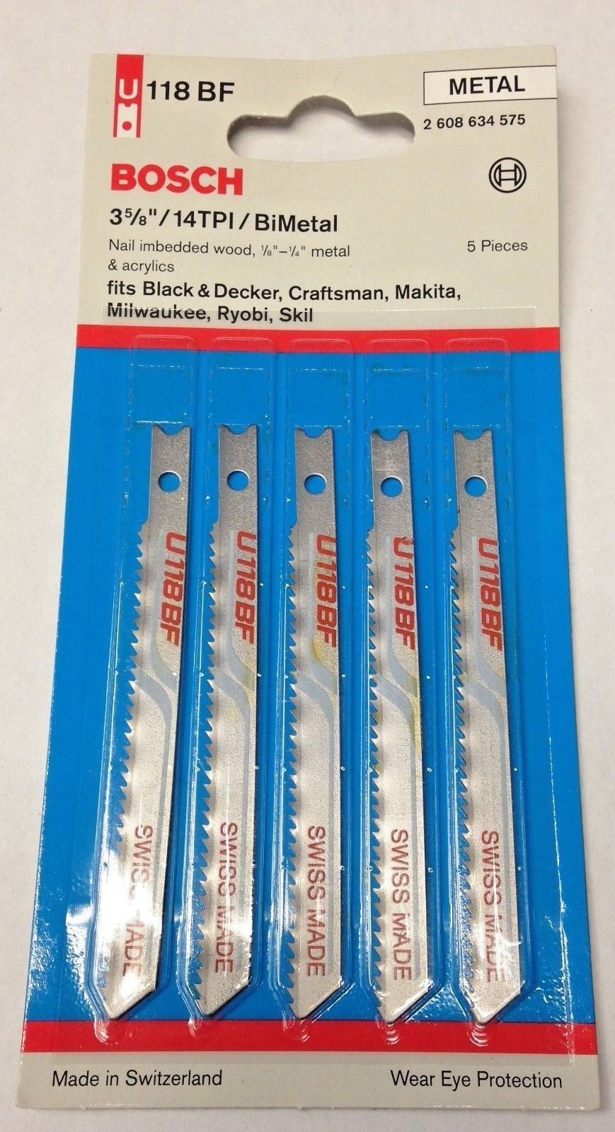 Bosch U118BF 3-5/8" x 14 TPI Bi-Metal U-Shank Jig Saw Blades 5 Pack Swiss