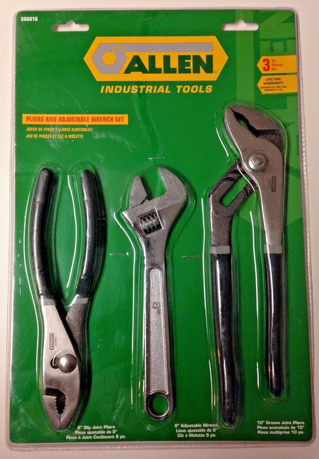 Allen 66601G 3 Piece Pliers & Adjustable Wrench Set Slip Joint, Tongue & Groove