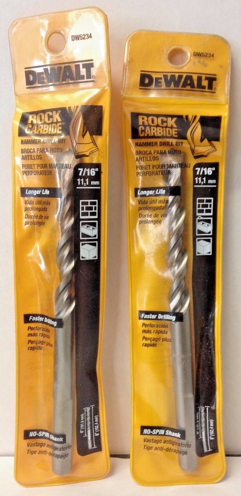 Dewalt DW5234 7/16" Rock Carbide Hammer Drill Bit Germany 2PKS