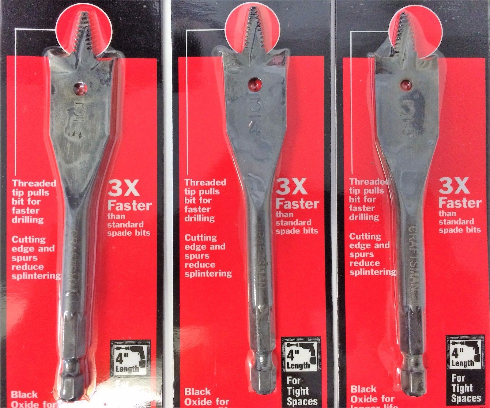 Craftsman Stubby Self Feed Spade Drill Bit 66257 3/4" x 4" 3PKS