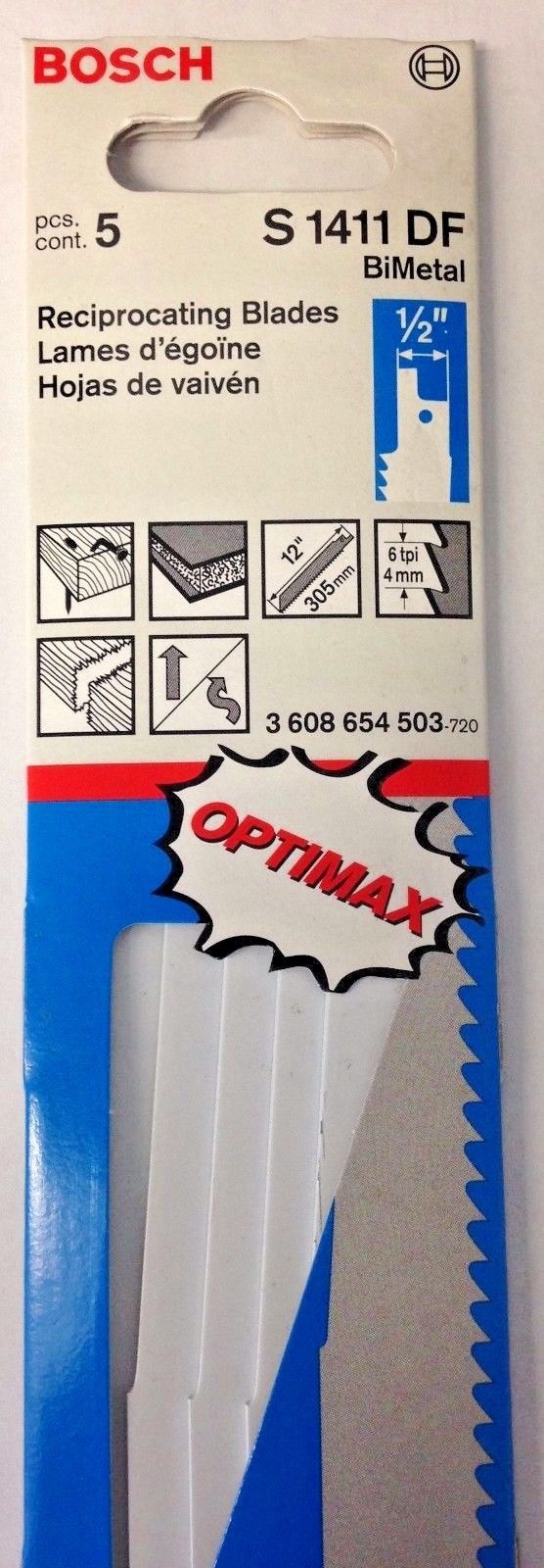 Bosch S1411DF 12" x 6 TPI Bi-Metal Reciprocating Saw Blades 5 Pack Switzerland