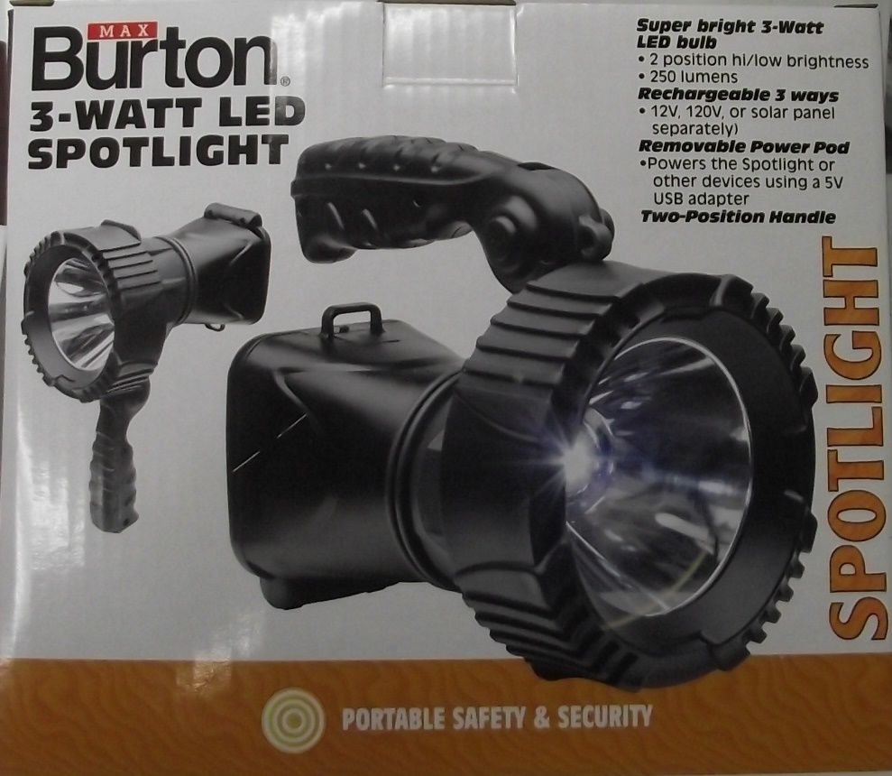 Max Burton 6985 3-Watt Spotlight 3-Watt Cordless And Rechargeable 12V or 120V