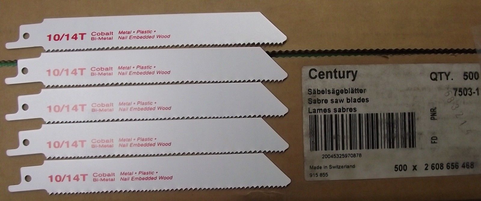 Century 7503-1 6" x 10-14TPI Cobalt Bi-metal Recip Saw Blades 5pcs. Swiss