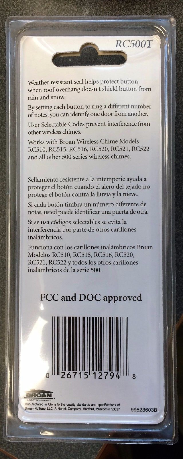 Broan RC500T Wireless Doorbell Button