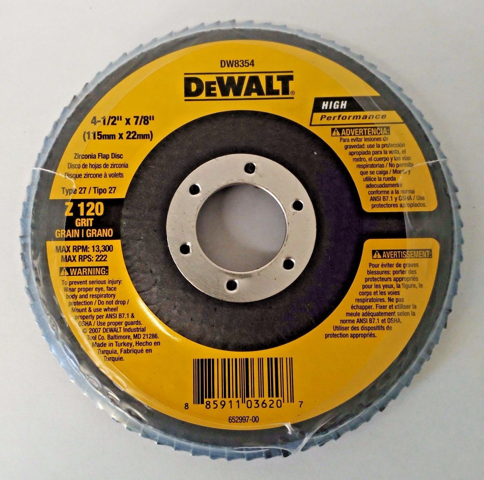 DeWalt DW8354 4-1/2" x 7/8" Zirconia 120 Grit Flap Disc 1 Disc