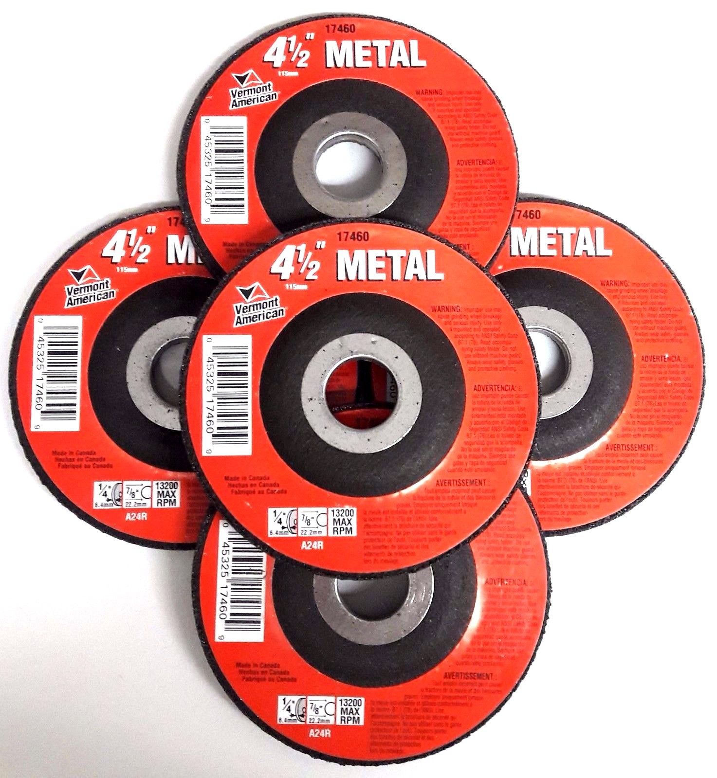 Vermont American 17460 Type 27 4-1/2" x 1/4" x 7/8" Metal Abrasive Wheel 5PCS