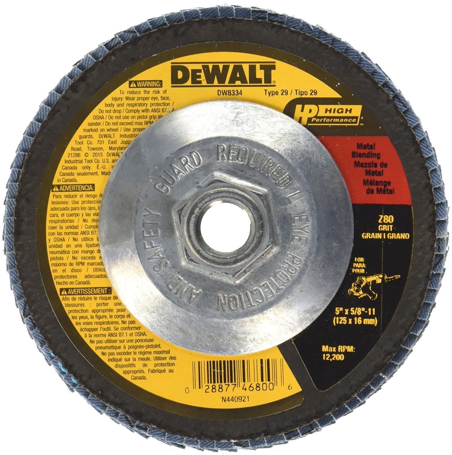 Dewalt DW8334 5" x 5/8" x 11 Hub Z80 Grit Type 29 Flap Discs 5 Pack