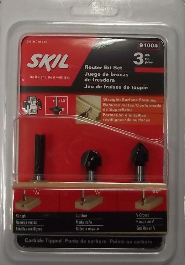 SKIL 91004 Router Bit Set 1/4" Straight 1/2 Corebox 90° V Groove Carbide Tip 3pc