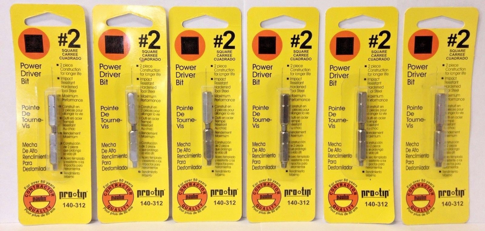 Paulin Pro Tip 140-312 #2 x 1" Square Drive Screw Tips (6 Packs of 2)
