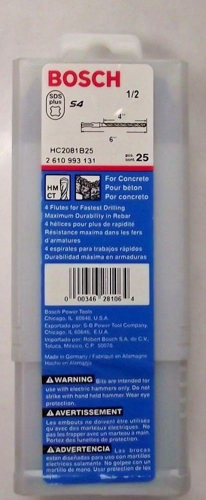 Bosch HC2081B25 1/2" x 4" x 6" S4 SDS Plus Rotary Hammer Drill Bits 25 Pack