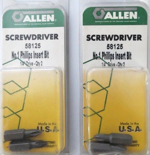 Allen 58125 2 PK No. 1 Phillips Screwdriver Insert Bits 1/4" Drive 2 Packs USA