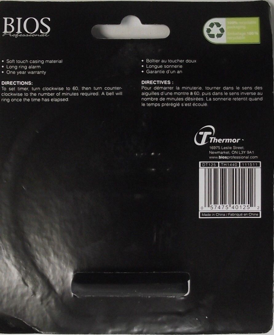 Bios DT125 60min Kitchen Cooking Timer Mechanical Rubberized Soft To Touch Black