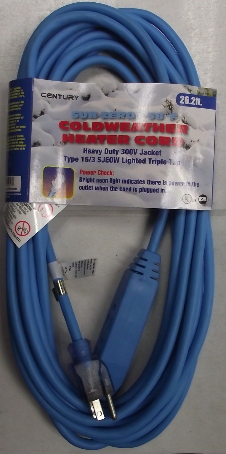 Century D15636008 26.2 FT. Sub Zero Heater Block Extension Cord Triple Lighted