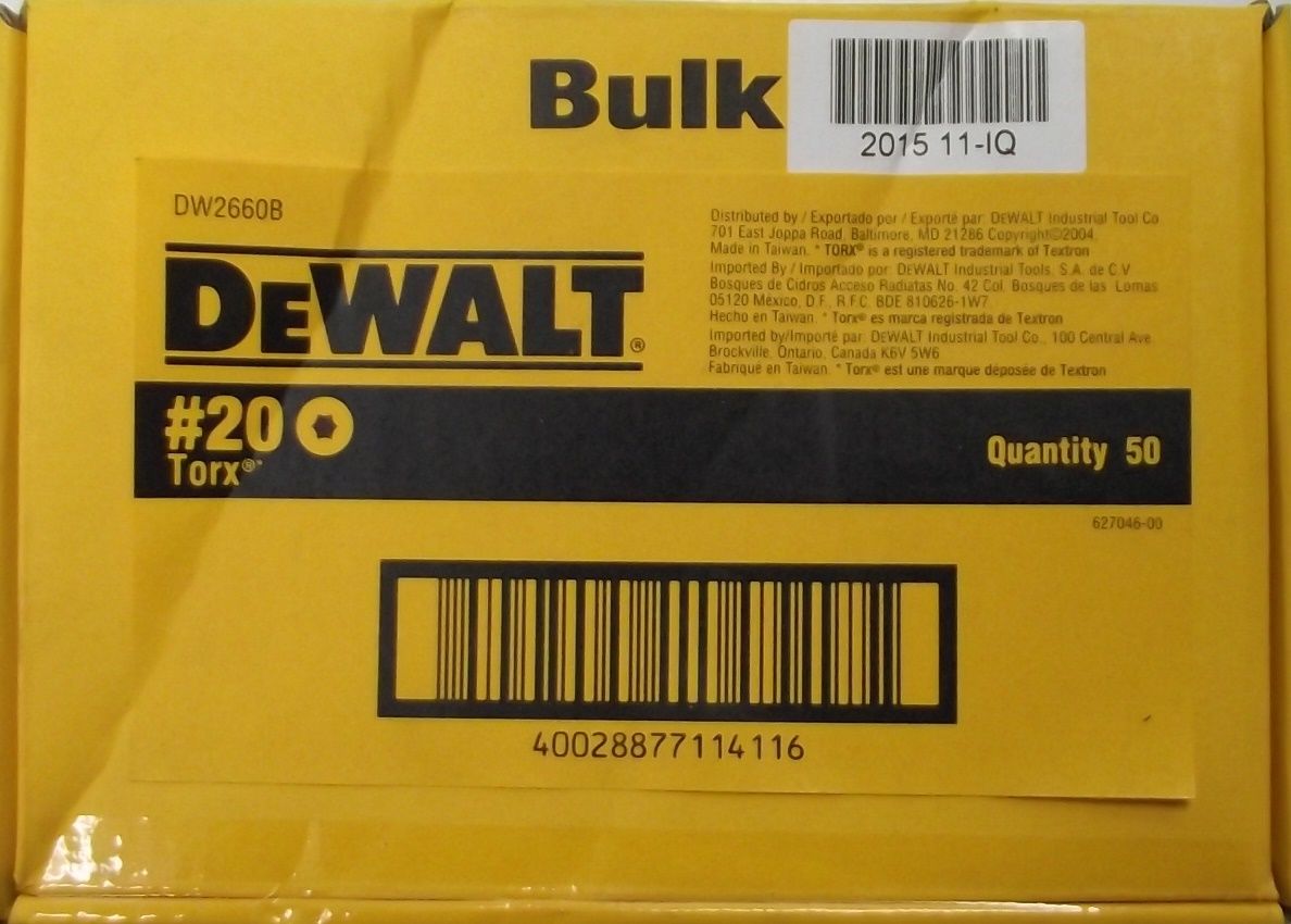 Dewalt DW2660B #20 x 1" Torx Screw Bit Tips 50pcs.