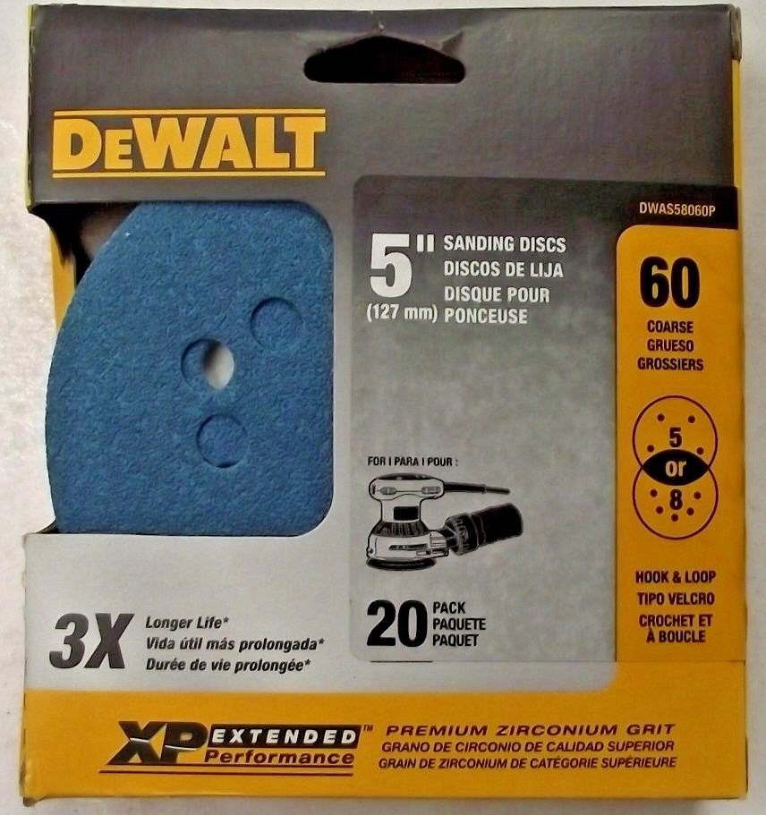 Dewalt DWAS58060P 5" 5 or 8 Hole XP Sanding Discs 60 Grit Hook & Loop 20 Pack