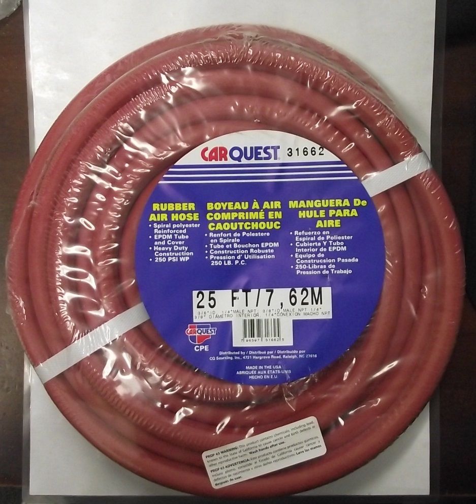 Carquest 31662 25ft Rubber Air Hose 3/8" I.D. 1/4" Male NPT USA